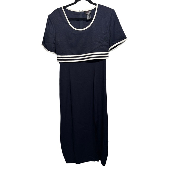 Vintage 80s Navy Blue Maxi Dress Sailor White Trim Sz 14 Nautical Preppy Retro - Picture 1 of 8